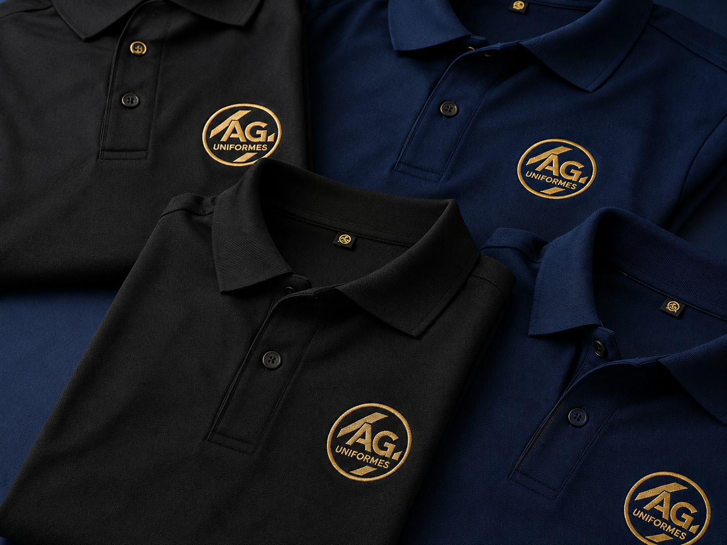 Camisas polo personalizadas em preto e azul-marinho