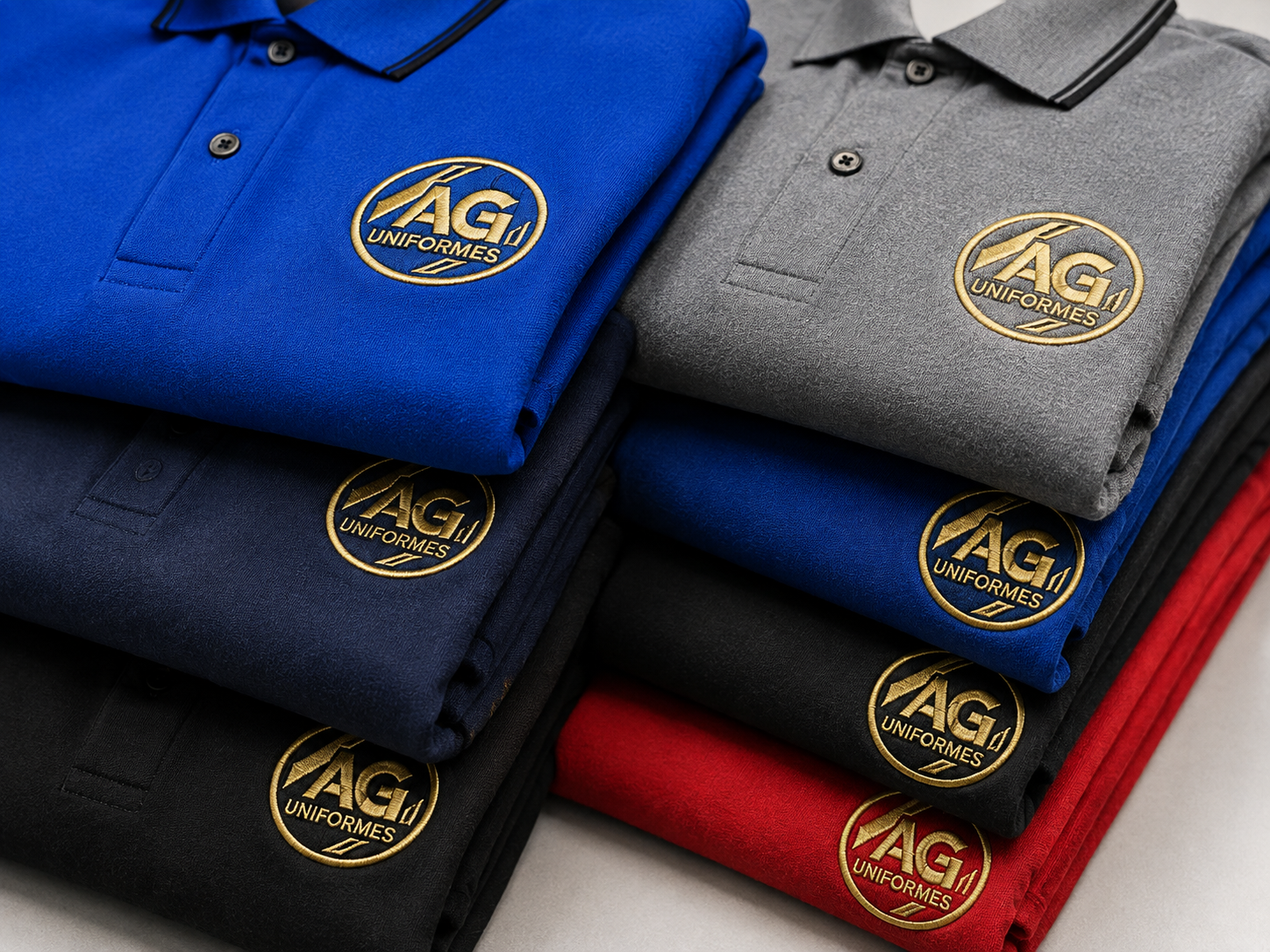 Camisas polo dobradas com bordado da AG Uniformes